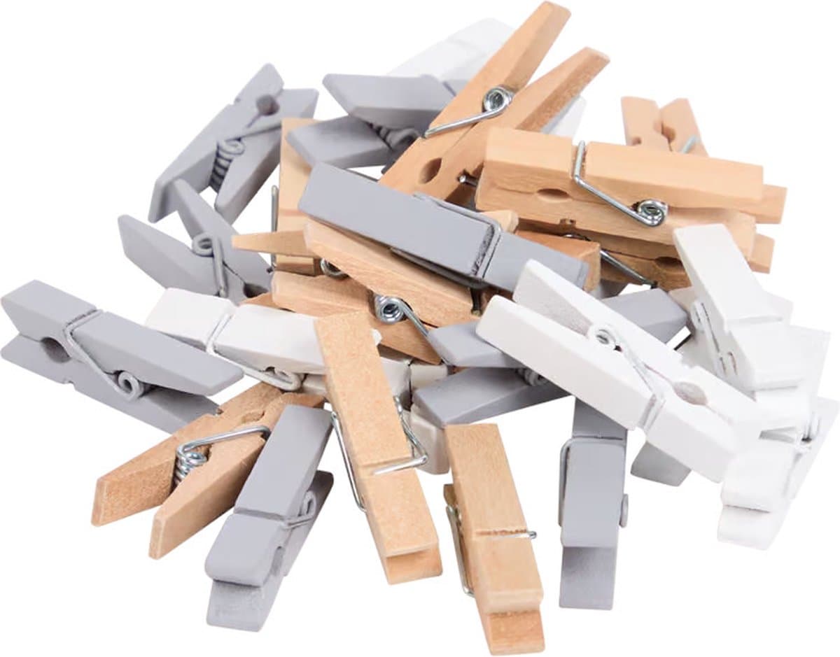 Hobby Flora houten decoraties - houten mini wasknijpers - knijpertjes hout - wit blauw naturel - 32 wasknijpertjes - 35mm — afbeelding 1