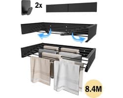 PLAY IT Wanddroogrek 120cm Inklapbaar XXXL Zwart - 8.4 Meter Drooglengte - Wasrek/Droogrek Hangend + 2 Handdoek Haakjes — afbeelding 1