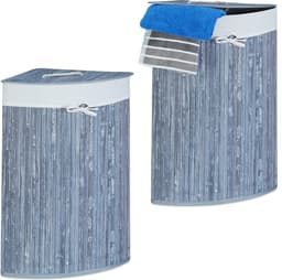 2x wasmand hoekmodel bamboe - 60 liter - deksel - wasbox - driehoekig - grijs — thumbnail 1