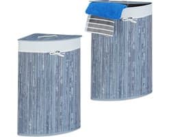 2x wasmand hoekmodel bamboe - 60 liter - deksel - wasbox - driehoekig - grijs