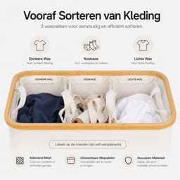 BOTC Wasmand 3 Vakken - Wassorteerder - 160L Capaciteit - Met 3 blanco etiketten - Bamboe Wasmand met Deksel - 75*57*37cm - Crème wit — thumbnail 4