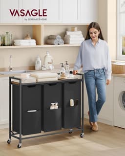 VASAGLE Wassorteerder, 43,5 Gal. (165 L) Wasmand met 3 compartimenten, rolkar met wielen, plank, verwijderbare zakken, zakken, inktzwart en rustiek bruin BLH031B01 — thumbnail 4