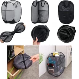 Allecta - Set van 2 Opvouwbare Zwarte Wasmanden met Handvat - Draagbare Opbergmand van Mesh - Inklapbare Pop-Up Wasmanden met 3 Zakken. — thumbnail 3