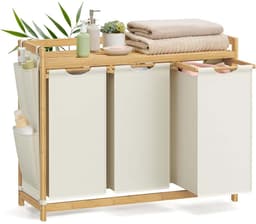Wasmand vuile was sorteermand opbergmand 94×33×78 cm naturel houtkleur + beige 150L grote capaciteit 3 vakken met afneembare binnenvoering, opbergrek en zijvak stevig en duurzaam bamboeframe geschikt voor badkamer, wasruimte en slaapkamer — thumbnail 4