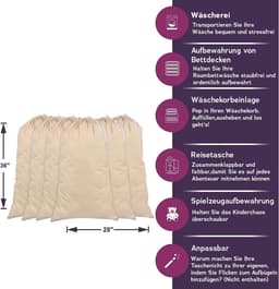 SnelShoppen - Set van 6 Extra Grote Katoenen Waszakken - 100% Katoen, 71 CM x 91 CM, Naturkleur, Duurzaam met Trekkoord en Cord Lock, Machinewasbaar v — thumbnail 2