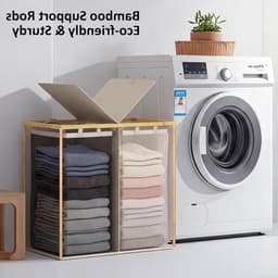 Dubbele Wasmand met Deksel en 2 Afneembare Vakken, 140 L, Ideaal voor Badkamer, Slaapkamer en Wasruimte, Beige — thumbnail 3