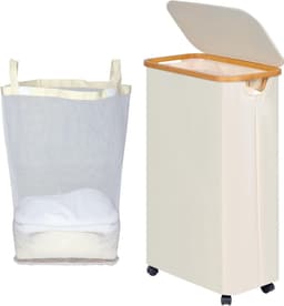 Vouwbare Wasmand met Deksel en Wielen, 75 L Capaciteit, Inclusief Afneembare Tas en Bamboe Handvatten, Ideaal voor Strijken en Opbergen — thumbnail 1