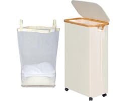 Vouwbare Wasmand met Deksel en Wielen, 75 L Capaciteit, Inclusief Afneembare Tas en Bamboe Handvatten, Ideaal voor Strijken en Opbergen