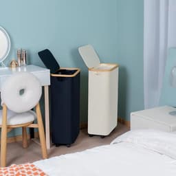 Vouwbare Wasmand met Deksel en Wielen, 75 L Capaciteit, Inclusief Afneembare Tas en Bamboe Handvatten, Ideaal voor Strijken en Opbergen — thumbnail 4