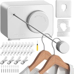 Pull-out Kledinglijn - Roestvrij Staal - Uittrekbare Kledinglijn - Inclusief 4 Grote Wasknijpers - 20 Kleine Kledinghaken en Schroeven - Voor Balkons - Hotels — thumbnail 1