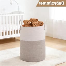 Gevlochten wasmand met handvat, ronde opbergmand voor dekens en speelgoed, 38 x 50 cm, ideaal voor woonkamer of wasruimte (wit-bruin) — thumbnail 4