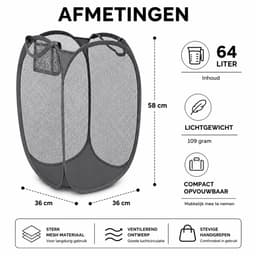 HEM Inklapbare Wasmand 64L – Opvouwbare Waszak – Mesh Laundry Bag met Pop-up Frame – Grijs – Inclusief HEM Microvezeldoekje — thumbnail 5