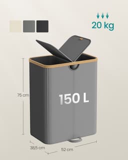 SONGMICS - Wasmand - Wasmand met 2 Vakken - 150 Liter - Uitneembare Waszakken - Met Deksel — thumbnail 2