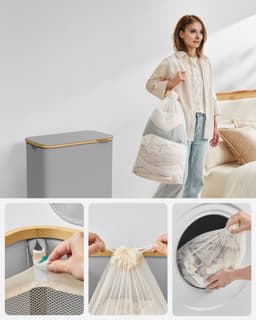 SONGMICS LCB513G01 - Wasmand met 2 Vakken - Opvouwbaar - Uitneembare Waszak - Bamboe Handgrepen — thumbnail 5
