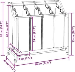 TIM® Wasmand 4 Vakken - Wasmand - Wassorteerder - 20KG - Grijs - 96cm x 40cm x 92cm — thumbnail 3