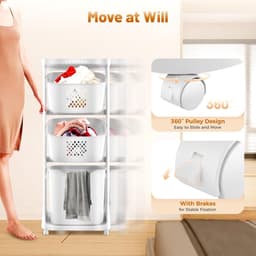 Wasmand 3 vakken - Wasverzamelaar Sorteerder - Kleding Opbergen - Met 4 Wielen - 43 x 33 x 109 cm — thumbnail 4