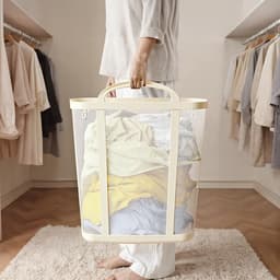 Ulisem - Opvouwbare wasmand - 41 liter nylon gaas - Met stevige handvatten - 4 ophangpunten - Herbruikbaar - Lichtgewicht en draagbaar - Geschikt voor reizen en slaapzaal - Ademend design - Geel — thumbnail 2