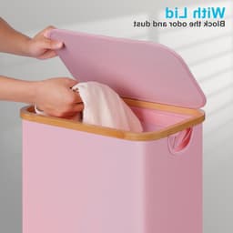 Vouwbare Wasmand met Wielen en Deksel, 75L, Roze Slimme Wasmand met Bamboe Handvatten en Afneembare Zak voor Slaapkamer, Badkamer en Wasruimte — thumbnail 5