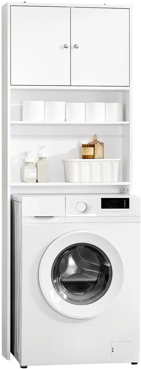 Novendo Goods - Wasmachinekast 182 cm hoog met kast en planken - Badkamer opbergkast boven wasmachine - Smalle ruimtebesparende kast - Wit MDF — afbeelding 1