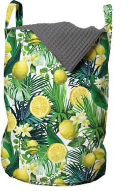 ABAKUHAUS Nature waszak, exotische planten groene blad, wasmand met handvatten trekkoord voor wasserettes, geel bosgroen — thumbnail 1