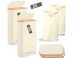 Smalle Wasmand - 60L - 2 Stuks - Wasmanden met Deksel en Waszak - Mand Vuile Was - Opbergmand - Mand - Beige