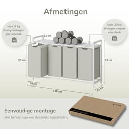 ACAZA Wasmand - Wassorteerder - 4 Vakken - 160 L - 116 x 72 x 33 cm - Wit — thumbnail 2