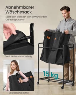 ELYSIVM Wasmand - Wasmand met 3 vakken - Wasmand met wieltjes - incl. 5 labels - Afneembare waszak - 170 L - tot 15 kg - 69x40x91cm - Zwart — thumbnail 2