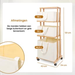 Eleganca Wassorteerder 3 Vakken - Wasmand - Met Wieltjes - H121 x L42 x B34 - Bamboe Naturel — thumbnail 5