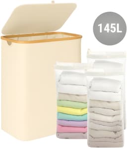 Lirena wasmand - drie vakken - opvouwbare wassorteerder - 3 in 1 wasmand - Beige — thumbnail 1