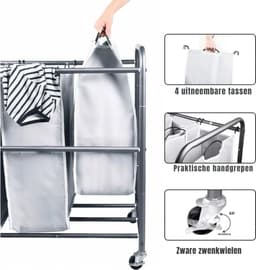 Aurixi® Wassorteerder 4 vakken - Wasmand 4 vakken - Wasmand Op Wieltjes – Grijs - 100cm x 43cm x 80cm — thumbnail 4