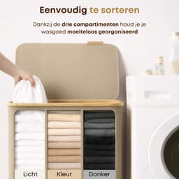 ACAZA Wasmand 3 vakken - Wasmand Met Deksel - 150 L - Bamboe - 60 x 38,5 x 70,5 cm - Zand — thumbnail 3
