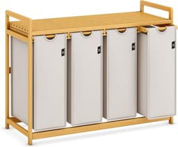 Core® Wasmand 4 Vakken - Wassorteerder - Wasmand - met Verwijderbare Waszak - Licht Grijs - 107cm x 42cm x 77cm — thumbnail 1