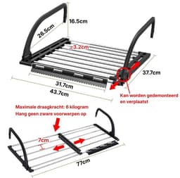 Droogrek Hangend - Wasrek Uitklapbaar - Wanddroogrek - Hangdroogrek - Deur - Balkon - Radiator - Met Sokkenrekje — thumbnail 4