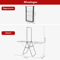Groot Wasrek - Groot Droogrek Wasgoed - XL Wasrek Inklapbaar - Droogrek Inklapbaar - Met Drie Niveaus - 28m Drooglengte - XXL Stang voor Eenvoudig Drogen van Lakens, Dekbedovertrekken en Overhemden - Mat Zwart - Binnenstyle Aerio Wing — thumbnail 3