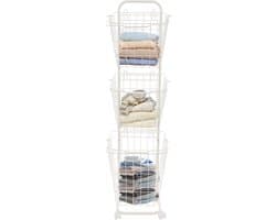 Wasmandwagen Met 3 Manden Wit 26*32*123cm 3-Laags Rolbare Wasmanden Op Wielen Wasrek Waswagen Voor Badkamer Waskeuken