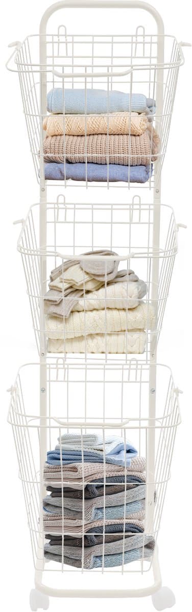 Wasmandwagen Met 3 Manden Wit 26*32*123cm 3-Laags Rolbare Wasmanden Op Wielen Wasrek Waswagen Voor Badkamer Waskeuken — afbeelding 1