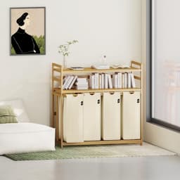 SVN® Wasmand 4 Vakken - Wassorteerder - Wasmand - Bamboe Frame - Beige- ‎104cm x 42cm x 100cm — thumbnail 5