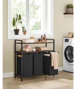 Wasmand 3 Vakken - Badkamerkast - 2 Planken - Opberger - 120L - Afneembare Waszakken - 92,5×33×92 CM - Kantelbeveiliging - Wasmand — thumbnail 3