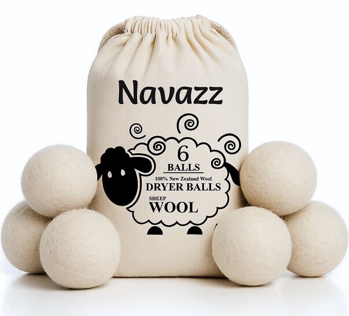 Navazz Drogerballen - 6 XL Droogballen - 100% schapenwol - Herbruikbare Wasdrogerballen - Wasbollen - Verkorte droogtijd - Energiebesparend — afbeelding 1