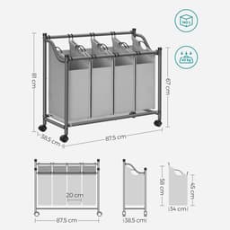 Wasmandsorteerder op wieltjes Wasverzamelwagen met 4 afneembare zakken 4 x 35 liter Voor wasruimte, slaapkamer, badkamer 87,5 x 38,5 x (67 - 81) cm Grijs — thumbnail 2