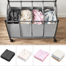 Wasmandsorteerder op wieltjes Wasverzamelwagen met 4 afneembare zakken 4 x 35 liter Voor wasruimte, slaapkamer, badkamer 87,5 x 38,5 x (67 - 81) cm Grijs — thumbnail 5