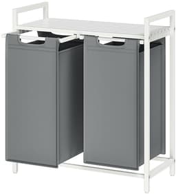 Wasmand 73 x 33 x 72 cm Wit Grijs Oxforddoek Metalen Frame 2 Vakken 46 Liter Uittrekbaar Afneembare Zakken Stevig Duurzaam — thumbnail 1