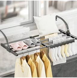 Uitschuifbare droogrek voor kleding - Veelzijdige washanger van koolstofstaal, verstelbaar van 38 tot 55 cm, droogrek voor kleding, schoenenrek, hangend aan de deur, badkamer, vensterbank, leuning, balkon — thumbnail 3