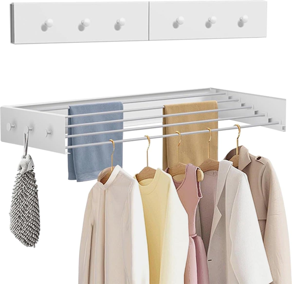 Wanddroogrek - Uitschuifbaar en Opvouwbaar - RVS - Met 6 Haken - 50 kg Draagkracht - Voor Binnen en Buiten - Balkon - Terras - 80 cm — afbeelding 1