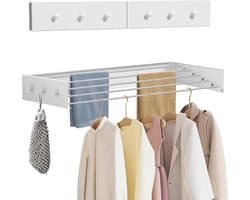 Wanddroogrek - Uitschuifbaar en Opvouwbaar - RVS - Met 6 Haken - 50 kg Draagkracht - Voor Binnen en Buiten - Balkon - Terras - 80 cm