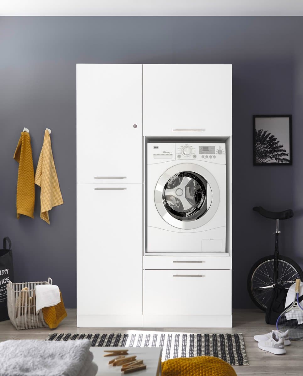 Wasmachine verhoger met lade en Linnenkast met Afsluitbare bovenkast - Wasmachine ombouwkast - Wasmachine kast - Wit - Hoogte 200 cm - Wasmachine ombouw meubel — afbeelding 1