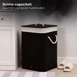 Lomera Bamboe Wasmand - Wasmand Met Deksel - Opvouwbare Wasmand - 72 Liter Capaciteit - Zwart Bamboe - Draaghengsels - Uitneembare Zak - Wasbare Binnenzak - Verstevigde Metalen Ring — thumbnail 4
