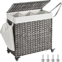 Wasmmand vuile wasmand rietstijl geweven wasmand met 3 compartimenten, uitneembare voering, handgrepen en deksel, geschikt voor woonkamer, badkamer en wasruimte, 66 x 33 x 60 cm, grijs. — thumbnail 1