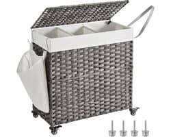 Wasmmand vuile wasmand rietstijl geweven wasmand met 3 compartimenten, uitneembare voering, handgrepen en deksel, geschikt voor woonkamer, badkamer en wasruimte, 66 x 33 x 60 cm, grijs.