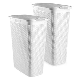 Plasticforte Smalle Wasmand met deksel Rotan - 2x - wit - gevlochten kunststof - 48 liter - 27 x 46 x 60 cm — thumbnail 1